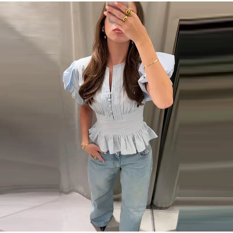 Women Round Neck Puff Sleeve Blouse Solid Lace Trim Asymmetrical Hem Slim Fit Shirt 2026 Spring Summer Chic Elegant Casual Top