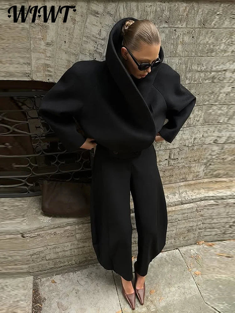 Black Stand Collar Woolen Coats Women's High Street Buttons Full Sleeve Short Overcoats 2026 Spring New Female Solid Outwear