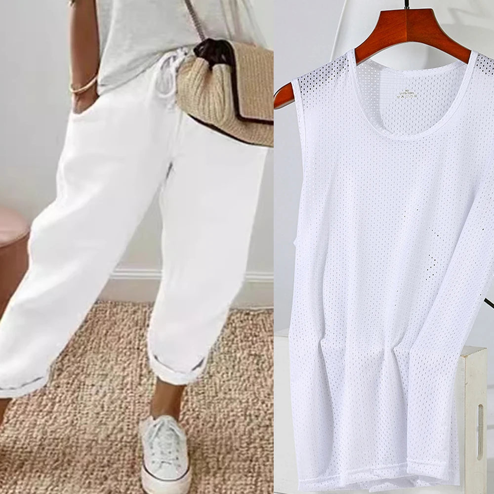 Women Blend Wide Leg Harem Pants Summer Fashion Elastic Waist Pocket Solid Ankle Trousers S-5XL Oversized LRFZ-911