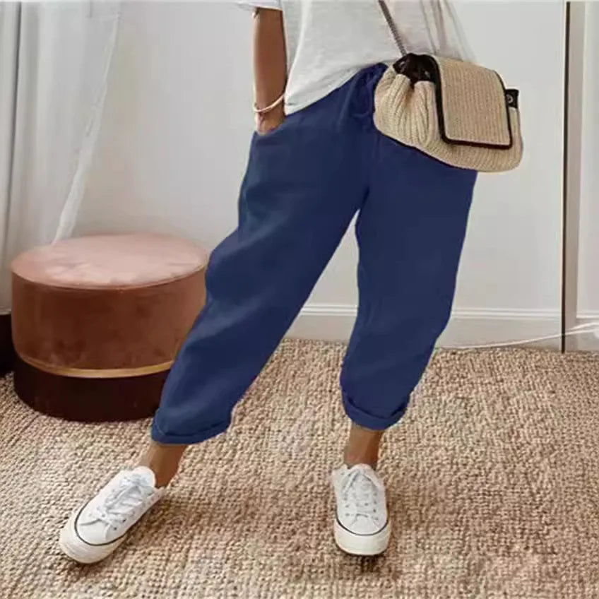 Women Blend Wide Leg Harem Pants Summer Fashion Elastic Waist Pocket Solid Ankle Trousers S-5XL Oversized LRFZ-911