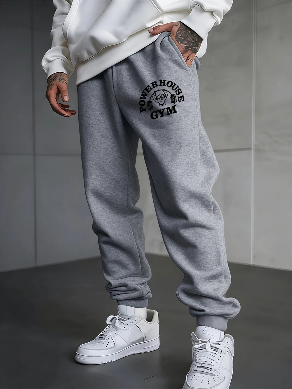 Powerhouse Gym Letter Printed Sweatpants Men'S Basics Trousers Elastic Waist Loose Pocket Pants Casual Fleece Warm Men Clothing