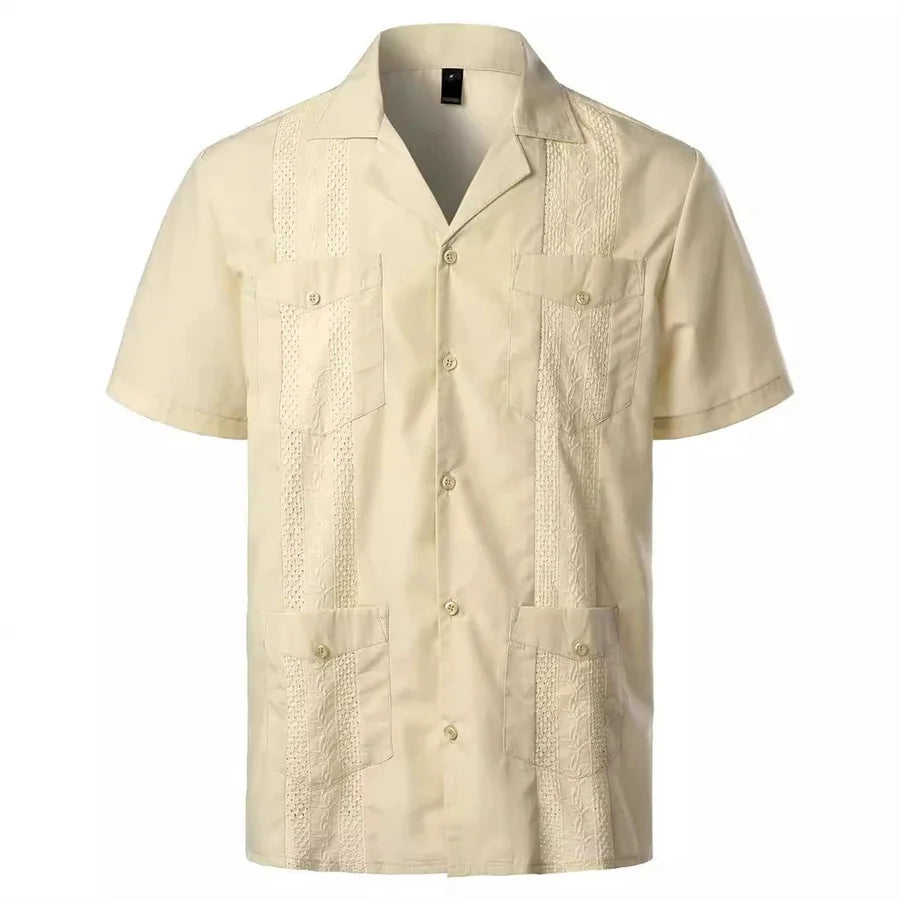 Mideast Men's Guayabera Shirts Four Pockets Embroidered Short Sleeve Shirts Summer Men Mexican Cuban Button Shirt