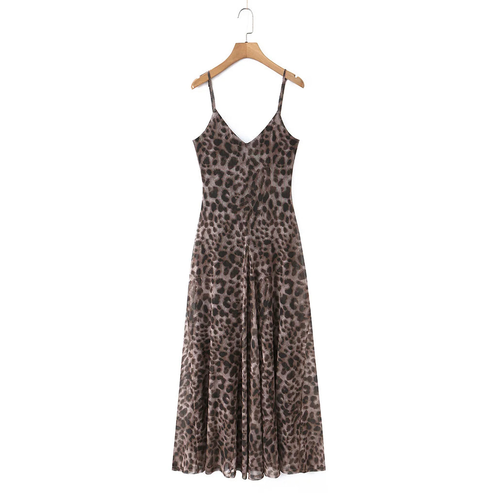 Vintage Chic Leopard Printed Sling Vestido Women Casual Backless Pleated Loose Fit Fold Spaghetti Strap Dress Vacation Beachwear