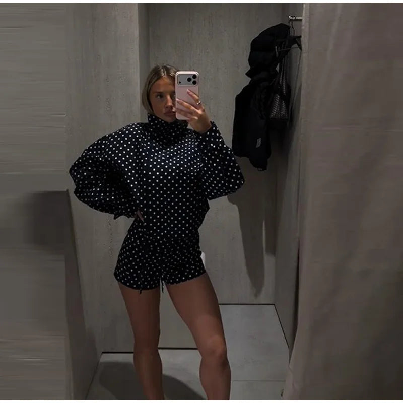 Fashion Navy Polka Dot Shorts Set For Women Casual Stand Collar Zipper Jacket & High Waist Shorts Lady 2026 Spring Chic Outfits
