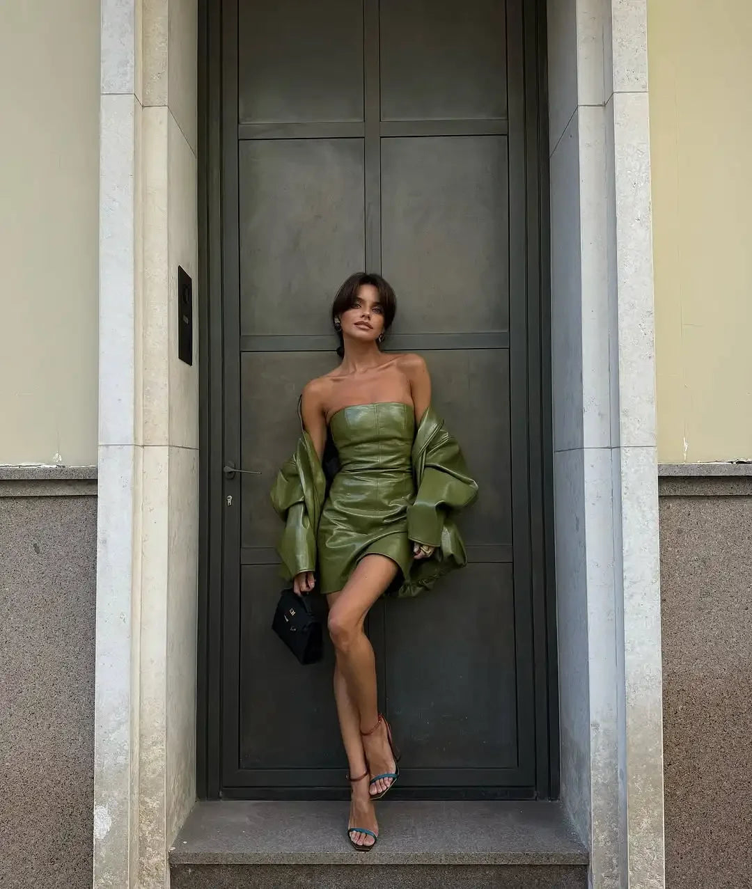 Vintage Green Leather Skirt Sets Women Fashion Solid Strapless Short Skirts Zipper Jacket Outfits Lady Daily Highstreet Outfits