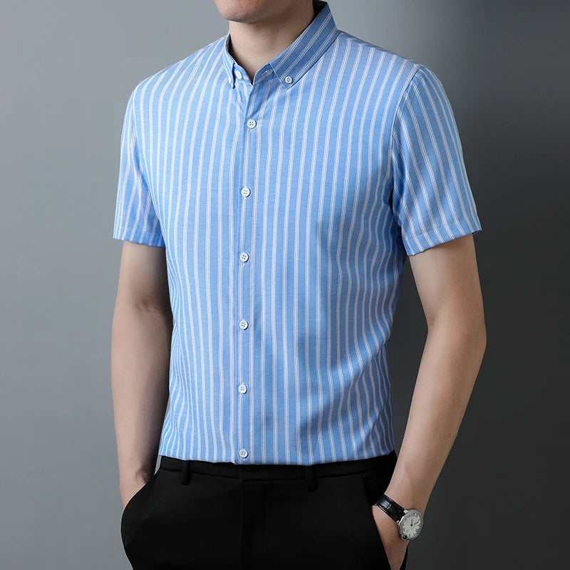 New Men's Casual Striped Short Sleeved Lapel Shirt for Summer Fashion Comfort No Ironing Wrinkle Resistant Top