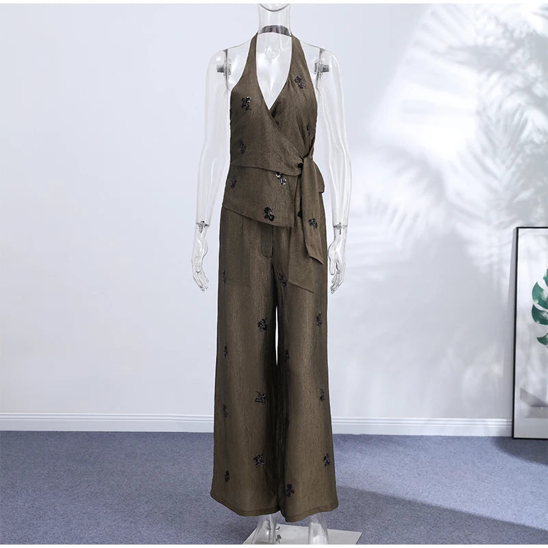 Sequins Women's Pant Sets Sexy Halter Neck Wrap Top Wide Leg Pants Two Piece Set Female 2026 Summer Woman New Vacation Outfit