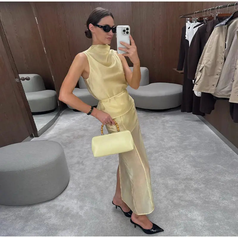 Casual Yellow Top Long Skirts Sets Women Sleeveless Lace Up Tops Straight Slit Skirt 2026 Summer Holiday Street Lady Solid Suits