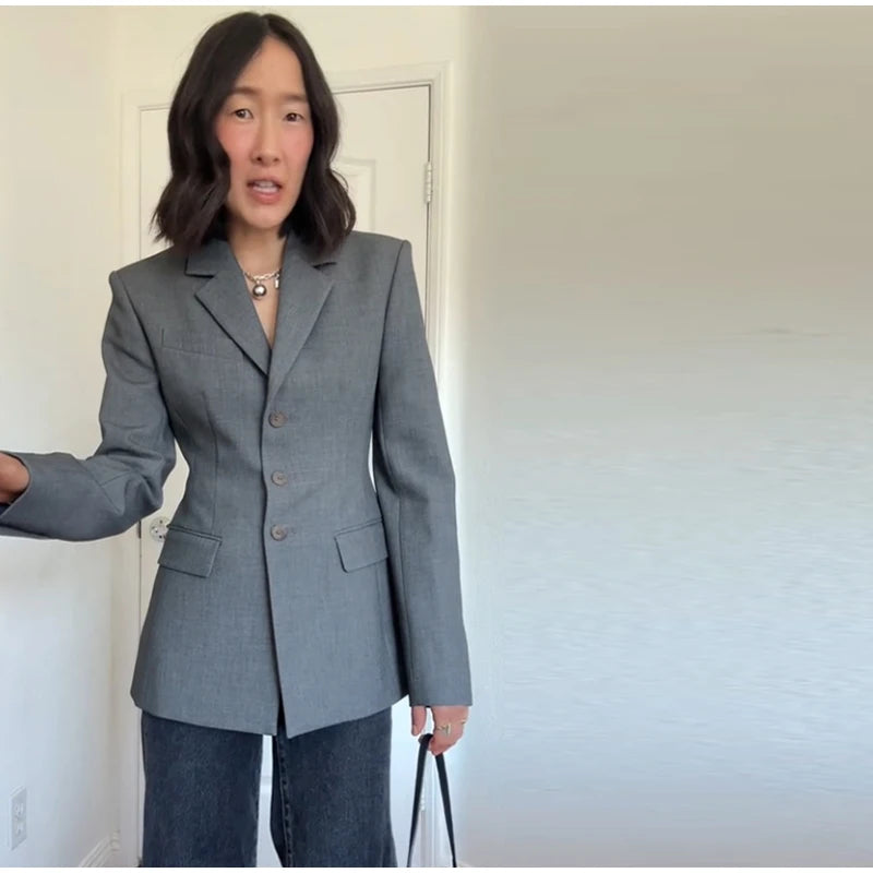 2026 Spring New Solid Lapel Blazer Jacket For Women Elegant Long Sleeve Waist Suit Coats Office Lady Chic Commute Tops
