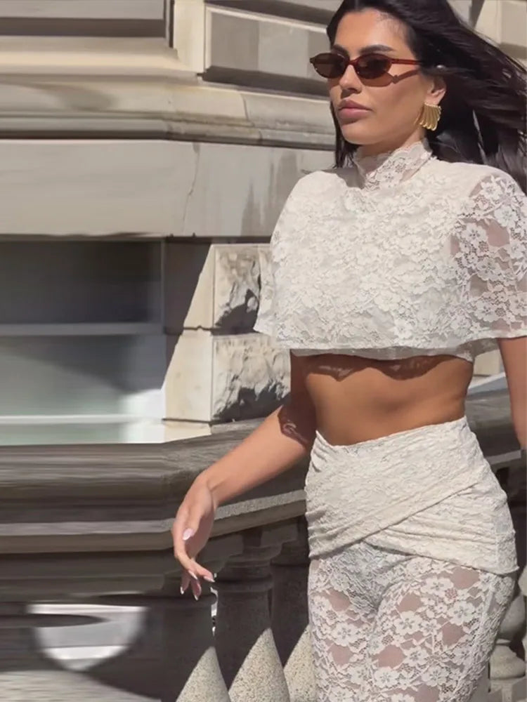 Women Lace Two Piece Set Sheer Top High Neck Blouse Cape Sleeve Cropped High Waist Pants See-Through Flared Trousers Summer Wear