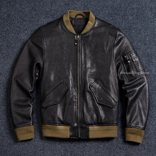 Bomber Ma-1 Genuine Leather Jacket Mens Natural Tanned Sheepskin Coat Vintage Air Force Leather Cloth Soft Plus Size