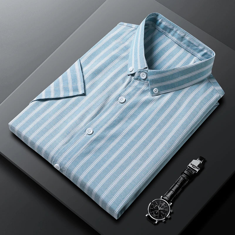 New Men's Casual Striped Short Sleeved Lapel Shirt for Summer Fashion Comfort No Ironing Wrinkle Resistant Top