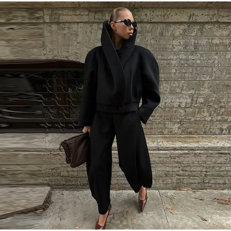 Black Stand Collar Woolen Coats Women's High Street Buttons Full Sleeve Short Overcoats 2026 Spring New Female Solid Outwear
