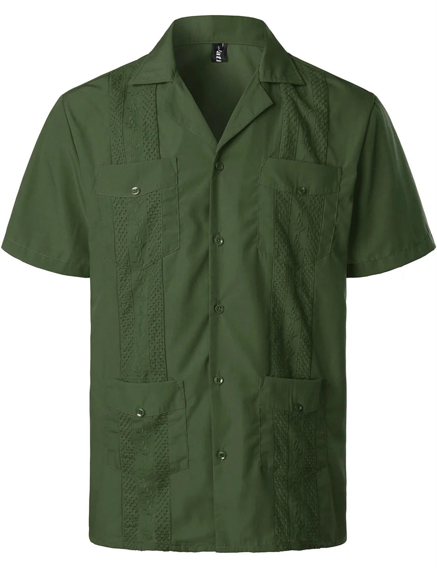 Mideast Men's Guayabera Shirts Four Pockets Embroidered Short Sleeve Shirts Summer Men Mexican Cuban Button Shirt