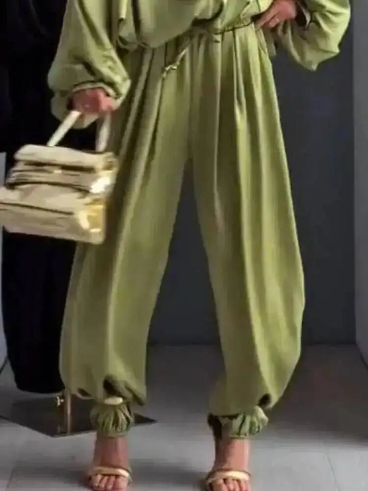 LGRQ Women's Casual Two-piece Set Fashion Lapel Long Sleeved Cardigan Jacket Elastic Waistband Tied Pants 2026 Summer 19DB1008