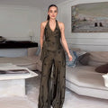 Sequin Two-Piece Set Women's Floral Set Halter Neck Wrap Top Wide-Leg Pants Trousers Party Co-Ord Vacation Wear Woman Clothes
