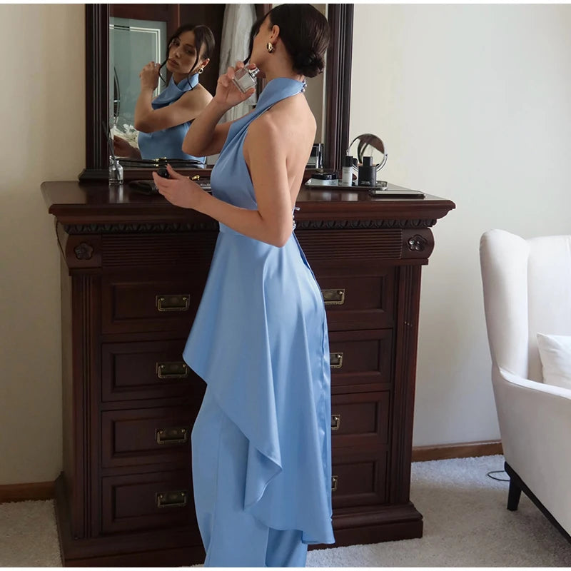 Elegant Women's Satin Halter Spliced Long Top Pants Set Sleeveless Backless Swing Collar Top Straight Leg Pant 2026 Fashion Suit