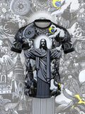 Mens Oversized Brazil Christ the Redeemer Graphic Print Short Sleeve T Shirt Casual Streetwear Top for Daily Wear