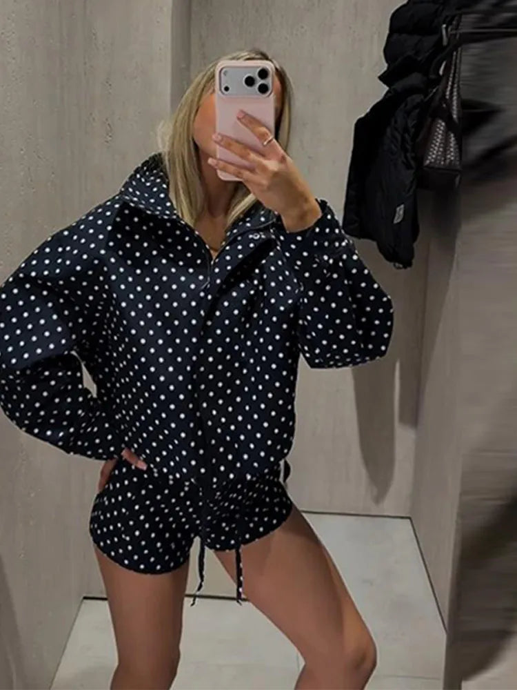 Fashion Navy Polka Dot Shorts Set For Women Casual Stand Collar Zipper Jacket & High Waist Shorts Lady 2026 Spring Chic Outfits