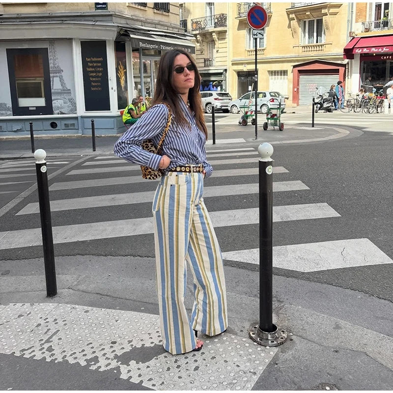 Street Striped Jeans Women's High-Waist Pockets Wide-Leg Trouser 2026 Spring Summer Retro Multicolor Vertical Stripe Denim Pant