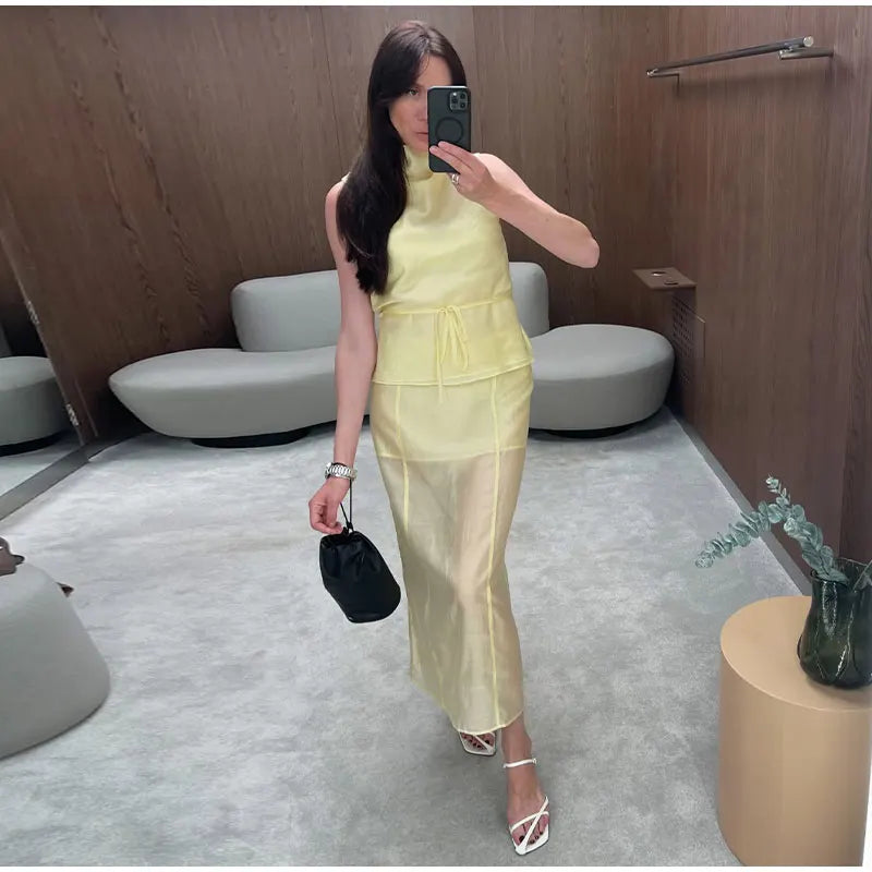 Casual Yellow Top Long Skirts Sets Women Sleeveless Lace Up Tops Straight Slit Skirt 2026 Summer Holiday Street Lady Solid Suits