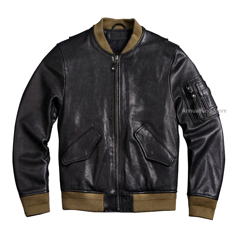 Bomber Ma-1 Genuine Leather Jacket Mens Natural Tanned Sheepskin Coat Vintage Air Force Leather Cloth Soft Plus Size