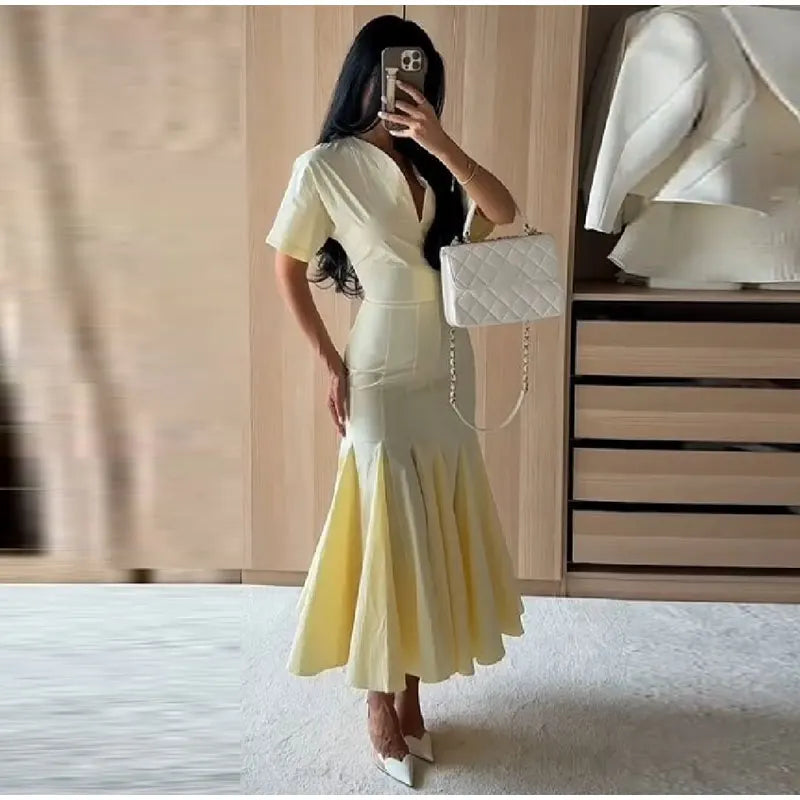 Women Fashion Solid Dress V-neck Ruffles Hem Short Sleeves Waist-cinching Draped Empire Dresses Summer Chic Elegant Summer Gown