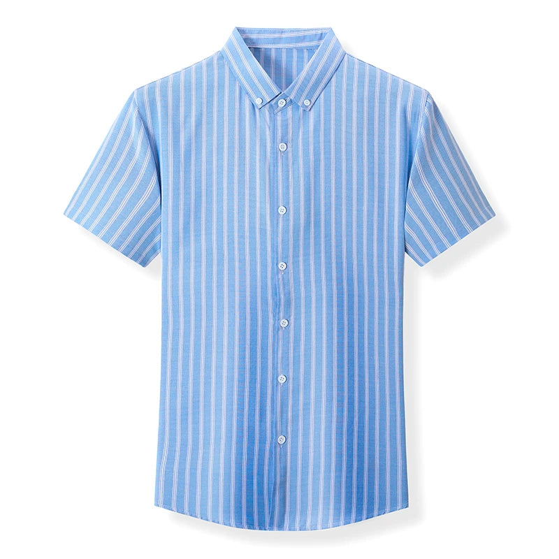 New Men's Casual Striped Short Sleeved Lapel Shirt for Summer Fashion Comfort No Ironing Wrinkle Resistant Top