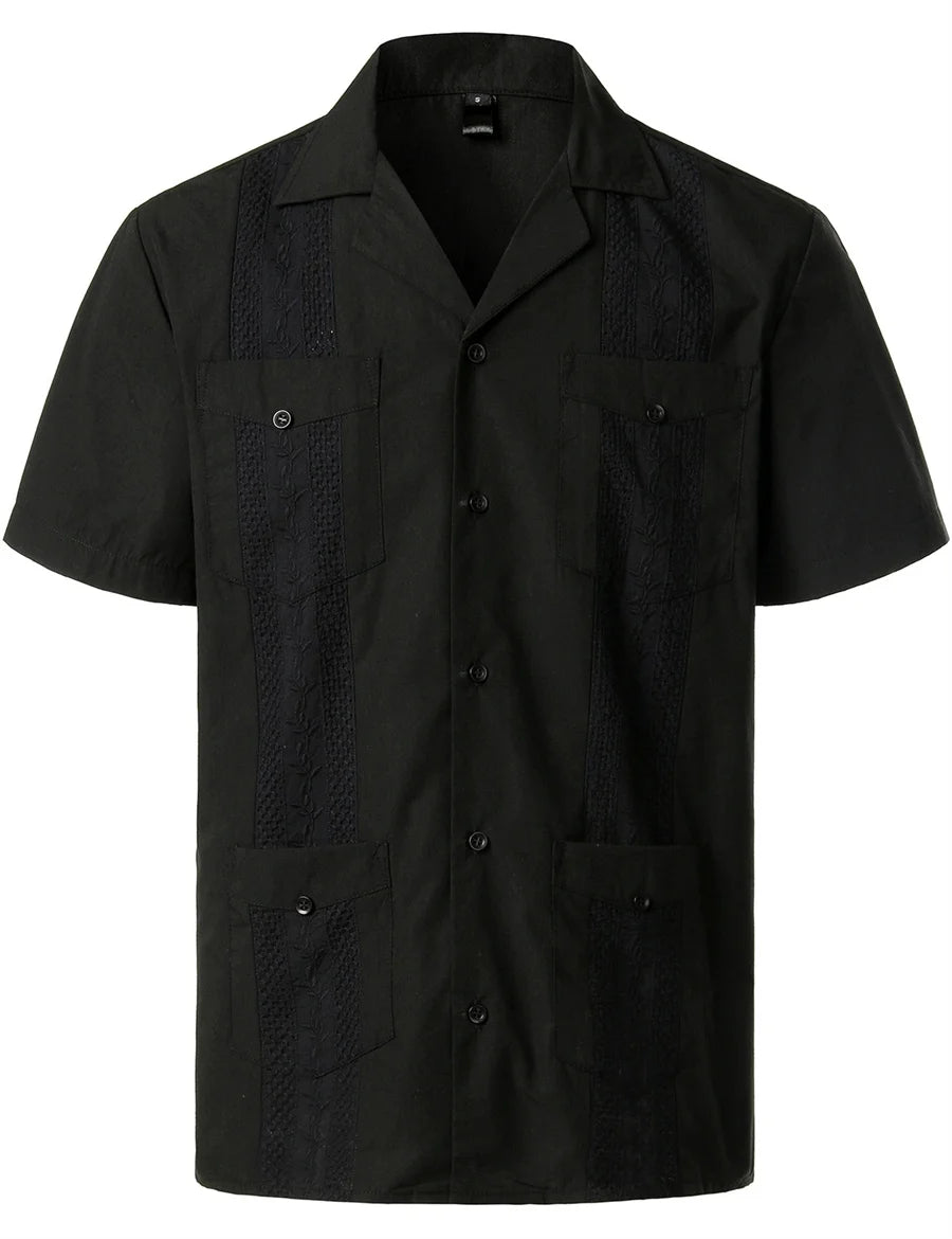 Mideast Men's Guayabera Shirts Four Pockets Embroidered Short Sleeve Shirts Summer Men Mexican Cuban Button Shirt