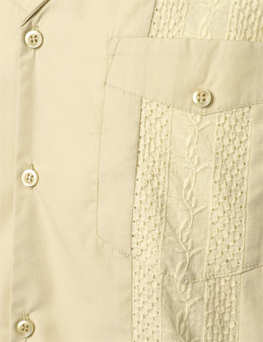 Mideast Men's Guayabera Shirts Four Pockets Embroidered Short Sleeve Shirts Summer Men Mexican Cuban Button Shirt