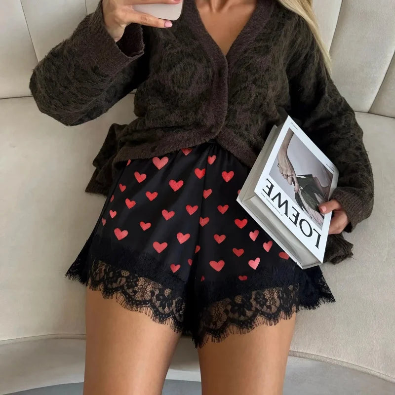 Women Heart Print Lace Satin Shorts Silk Y2k Elastic Waist Mini Shorts Coquette Aesthetic Boxer Slip Pettipants French Knickers