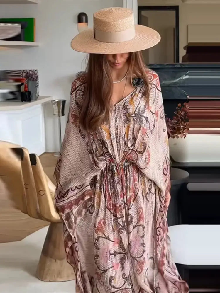 Women V Neck Vintage Vine Print Batwing Sleeve Maxi Dress Drawstring Waist Loose Flare Long Dress Mesh Texture Beach Vacation