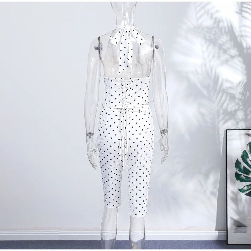 Fashion Polka Dot Two-pieces 7-inch Pants Sets Women's Slim Halter Waist-cinching Tops Hip-wrap Pant 2026 New Ladies Solid Suit