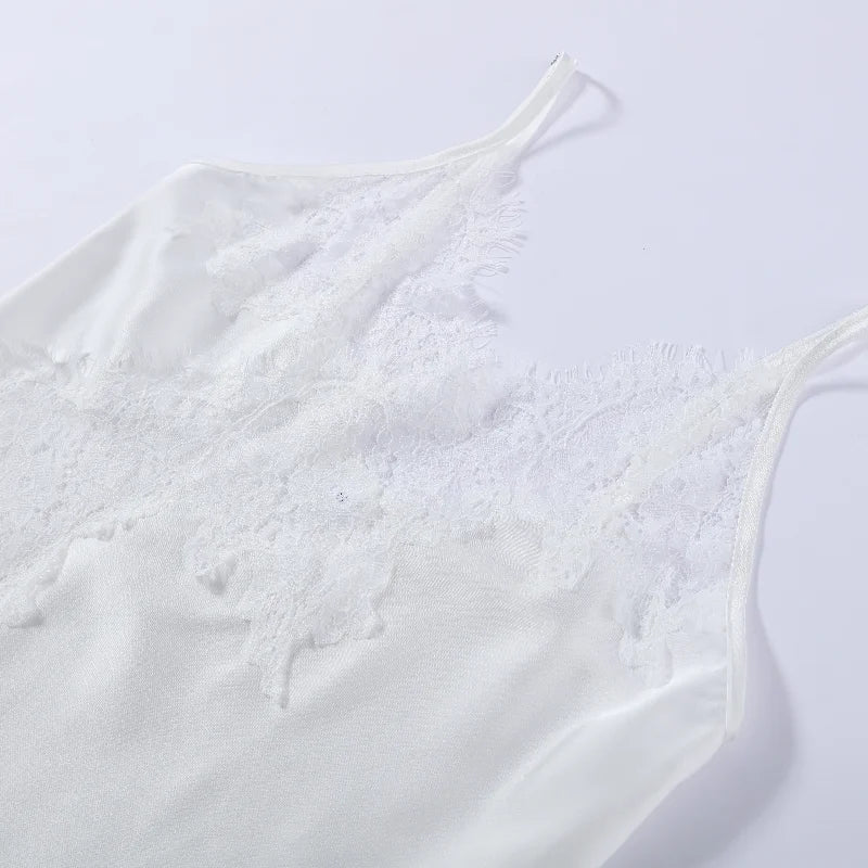 Women Short Set Satin Lace Spaghetti Strap V-Neck Top Drawstring Waist Lace Trim Shorts Elegant Casual Solid Two Piece Set Lady