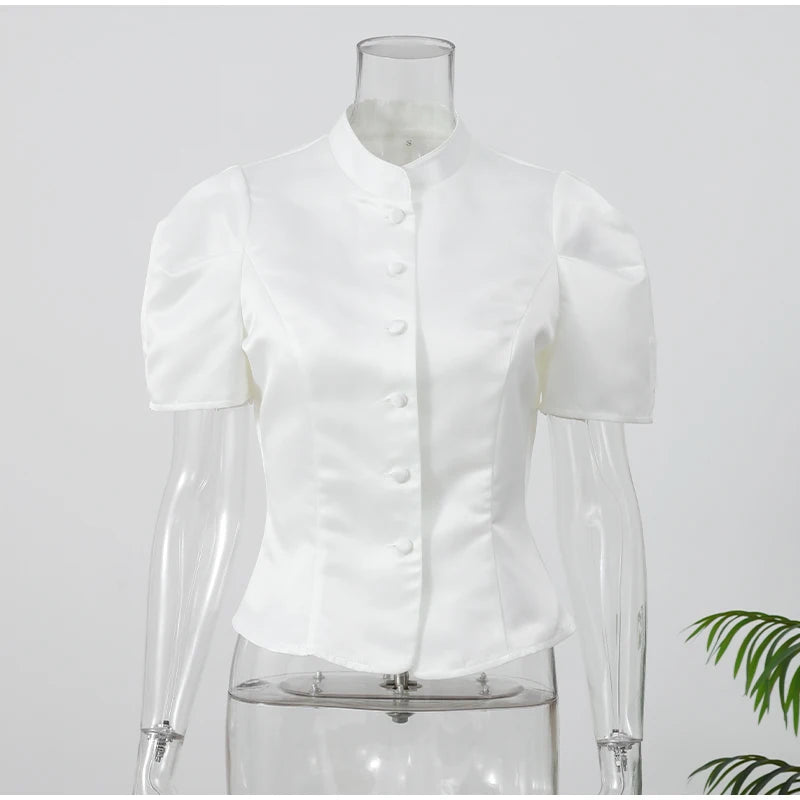 Chic White Lantern Sleeve Shirt Women Solid Stand Collar Stand Collar Slim Shirts Lady Casual Tops Commute Outwear 2026 New