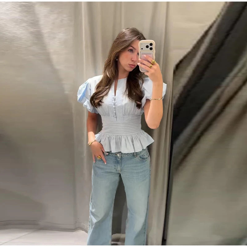 Women Round Neck Puff Sleeve Blouse Solid Lace Trim Asymmetrical Hem Slim Fit Shirt 2026 Spring Summer Chic Elegant Casual Top