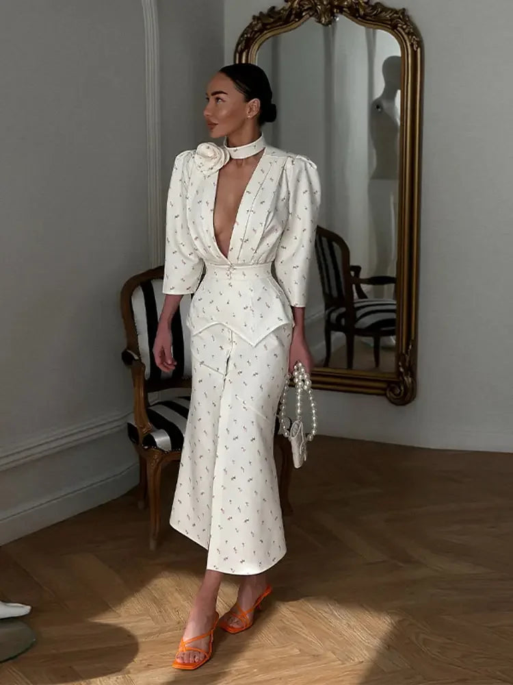 Women Floral Dress Choker Tie Midi Dress Deep V Long Sleeve Belt Waist Club Mini Dress Summer Wear Woman Clothes Daily Outfit