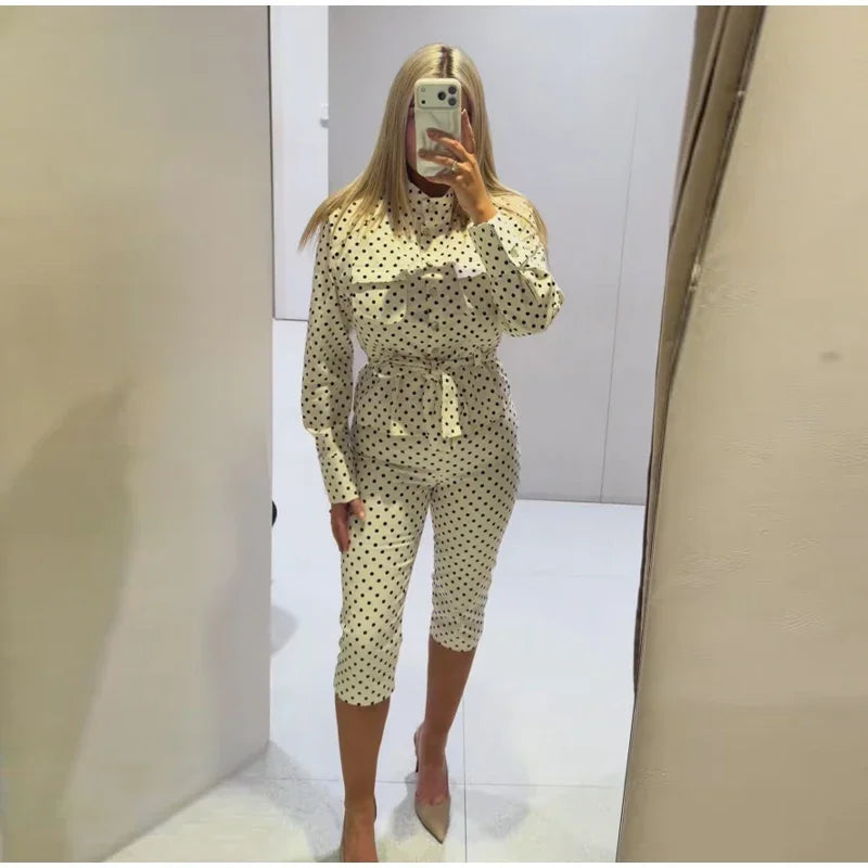 2026 Spring Polka Dot Capri Pants Sets Chic Women Stand Collar Lace Up Jacket High Waist Pencil Pants Lady 2 Pcs Outfits Street