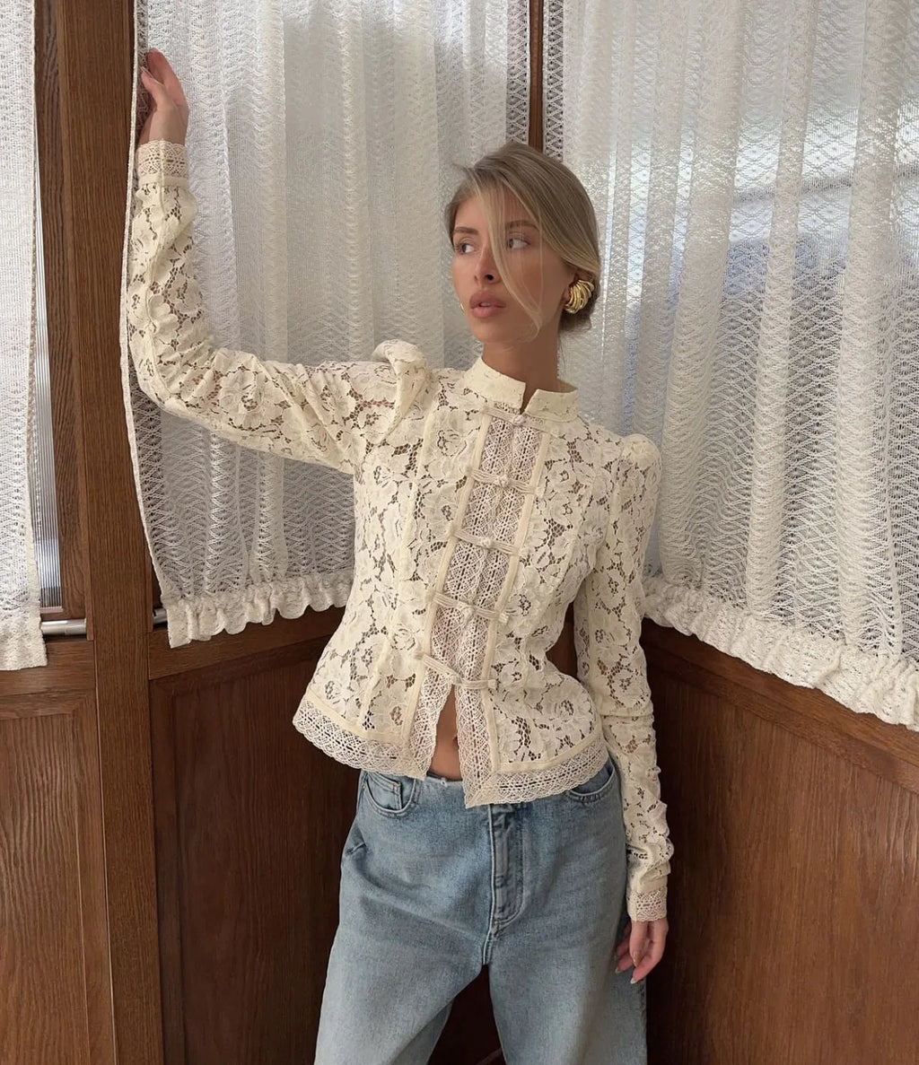 2026 Summer Lace Printed Shirts Tops Female Hollow Out Fashion Commute Vintage See-Through Blouse Women's Lace Shrug Shirts New