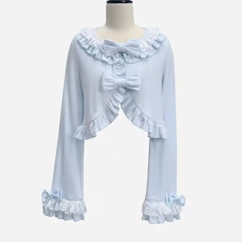 Japanese Women Knitted Sweet Bow Cardigan Sun Protection Lace Patchwork Lolita Crop Tops Y2k Aesthetic Flare Sleeve Grunge Coat