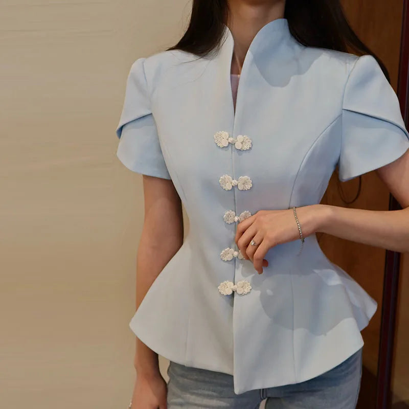 2026 Spring Summer Short Puff Sleeve Frog Button Shirt For Women Stand Collar  Single Breasted Blouse Lady Chic Street Party Top