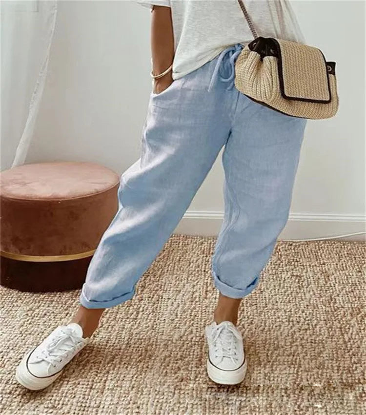 Women Blend Wide Leg Harem Pants Summer Fashion Elastic Waist Pocket Solid Ankle Trousers S-5XL Oversized LRFZ-911