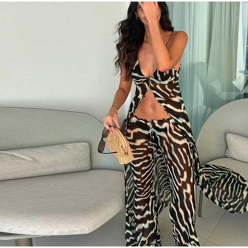 Women's Zebra Print Pants Set Casual V-neck Button Flowy Maxi Slip Top & Wide-leg Pants Lady 2026 Chic Beach Vacation Outfits