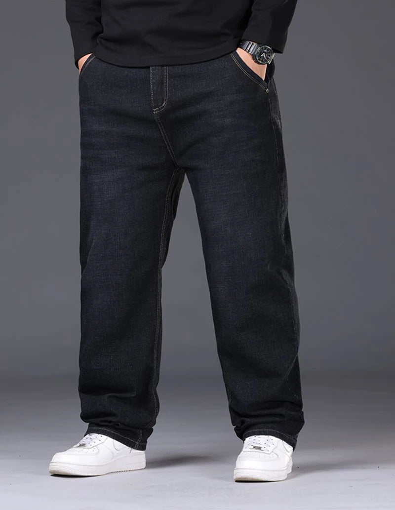 Men Fashion Plus Size 48 50 Black Jeans Male Business Daily Casual Loose Denim Pants Minimalist Stretch Straight Leg Trousers