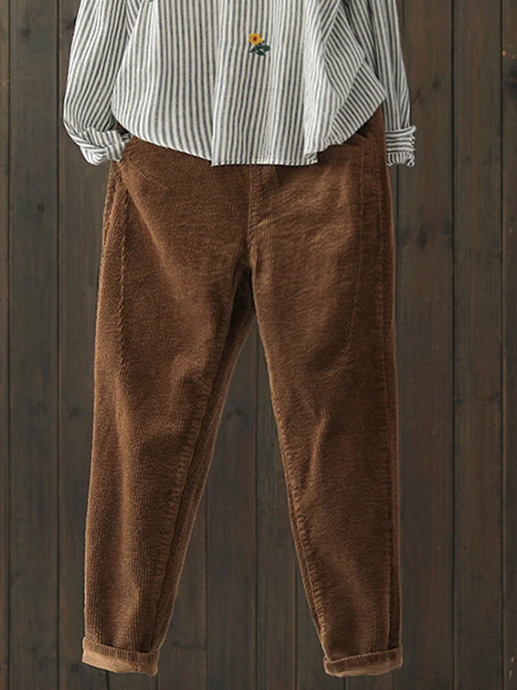 Johnature Corduroy Pants For Women Elastic Waist Solid Color Trouser 2025 Spring New  Women Cloths Pockets Casual Pants