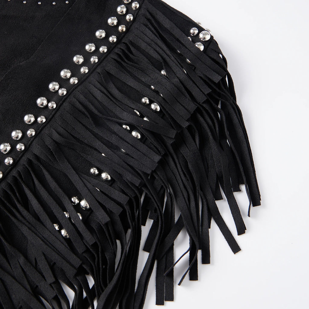 Women Studded Suede Collar Shawl Scarf Wrap Western Fringe Vest Boho Hippie Cowgirl Outfits