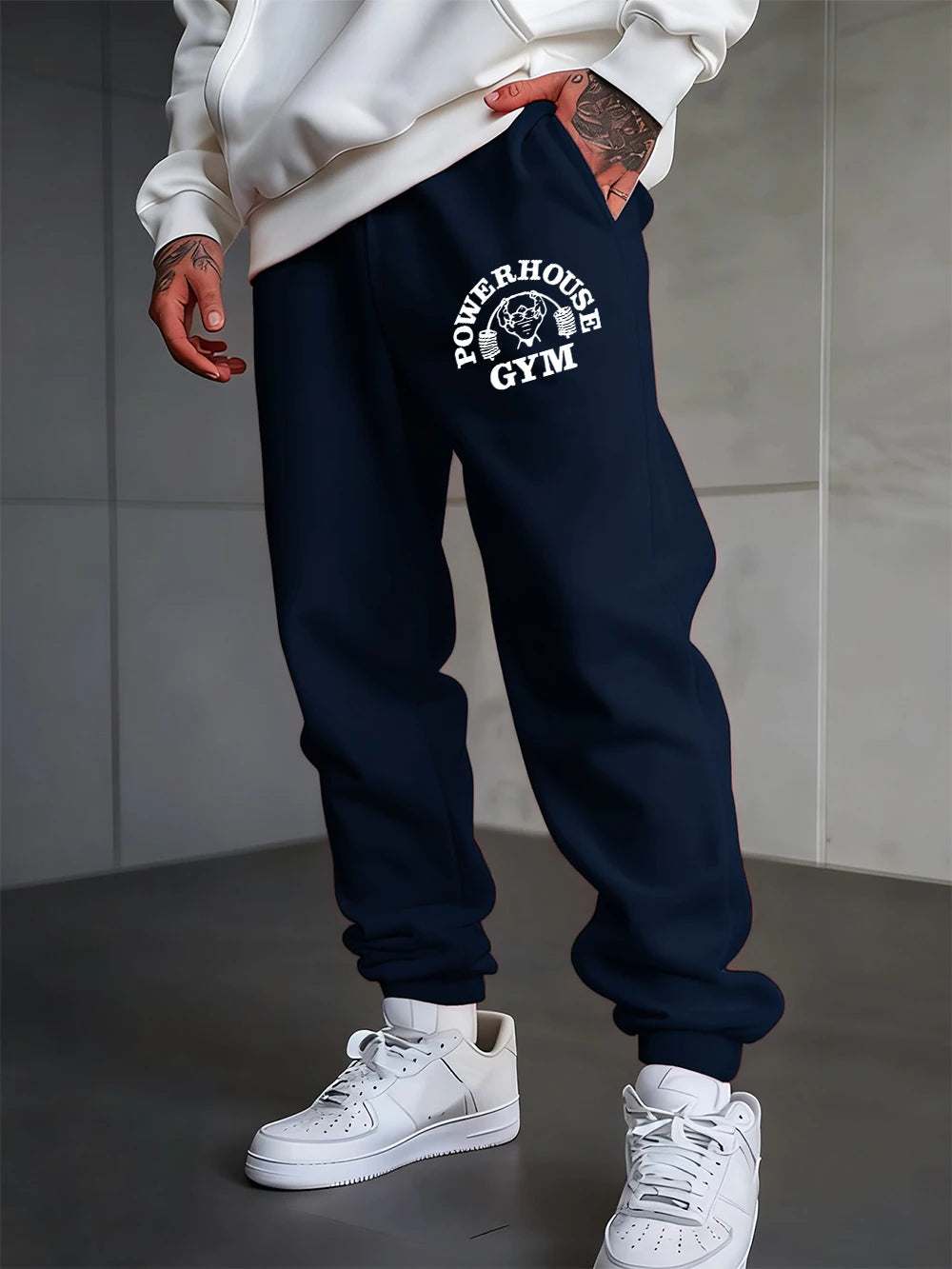 Powerhouse Gym Letter Printed Sweatpants Men'S Basics Trousers Elastic Waist Loose Pocket Pants Casual Fleece Warm Men Clothing