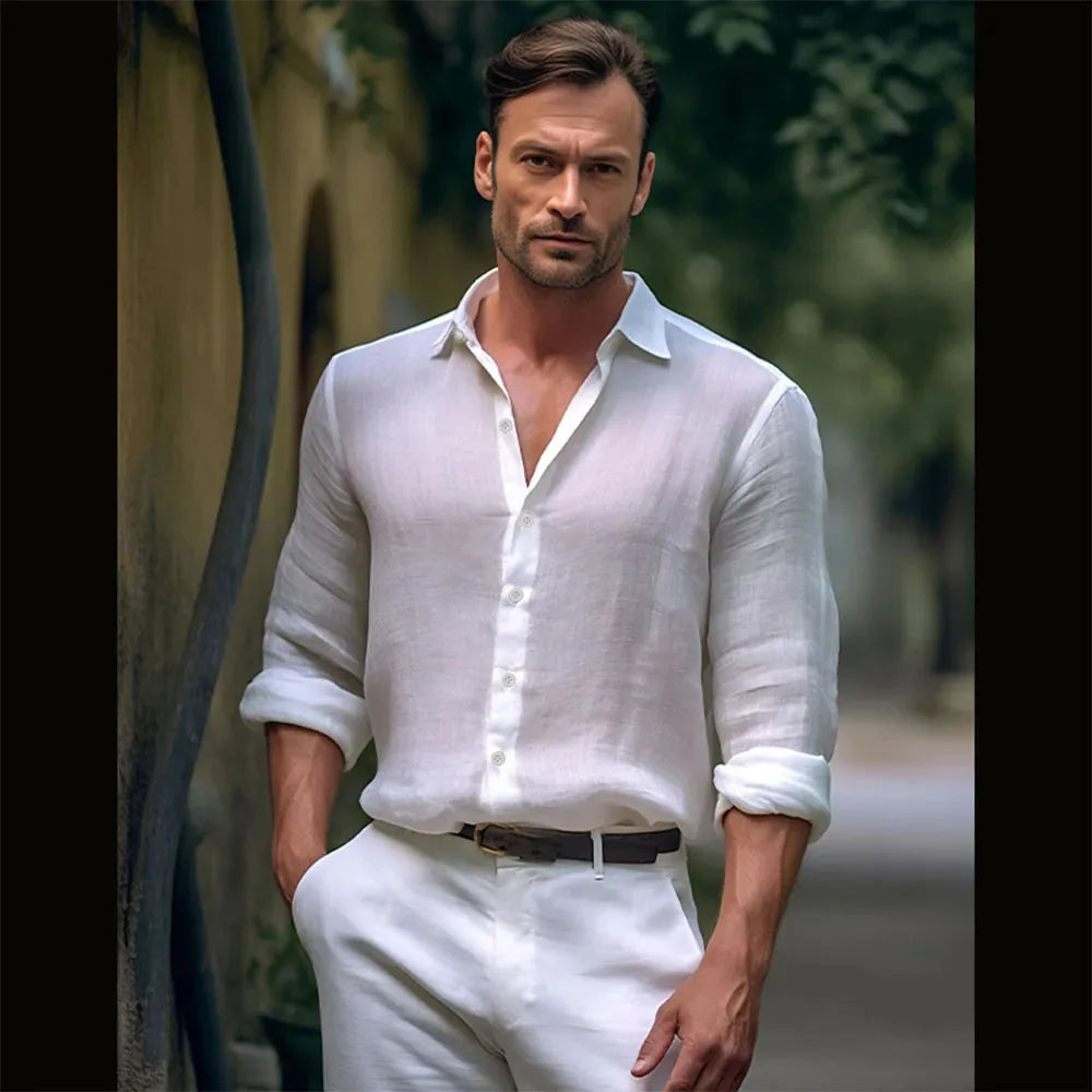Men's Slim Fit Long-Sleeve Cotton Linen Shirts for Men Business Casual Button Down Shirt Lightweight Breathable Shirts