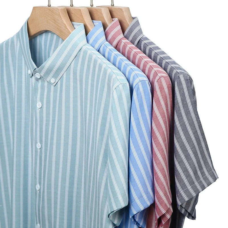 New Men's Casual Striped Short Sleeved Lapel Shirt for Summer Fashion Comfort No Ironing Wrinkle Resistant Top