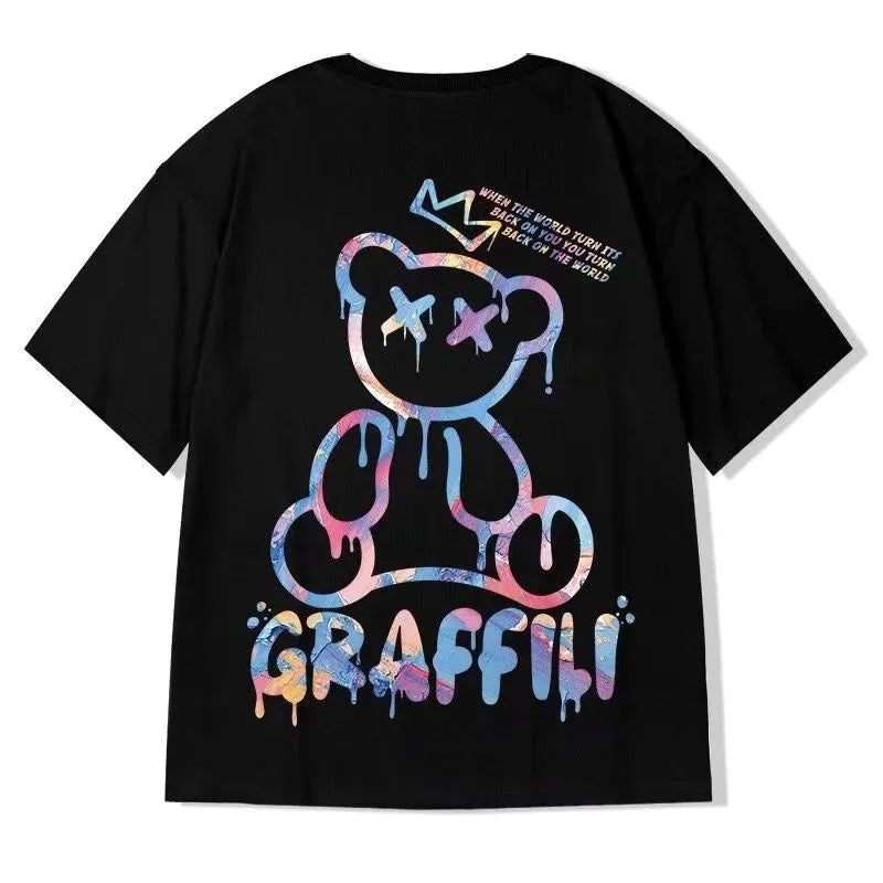 New men's summer colorful teddy bear letter print comfortable and breathable round neck T-shirt outdoor street top